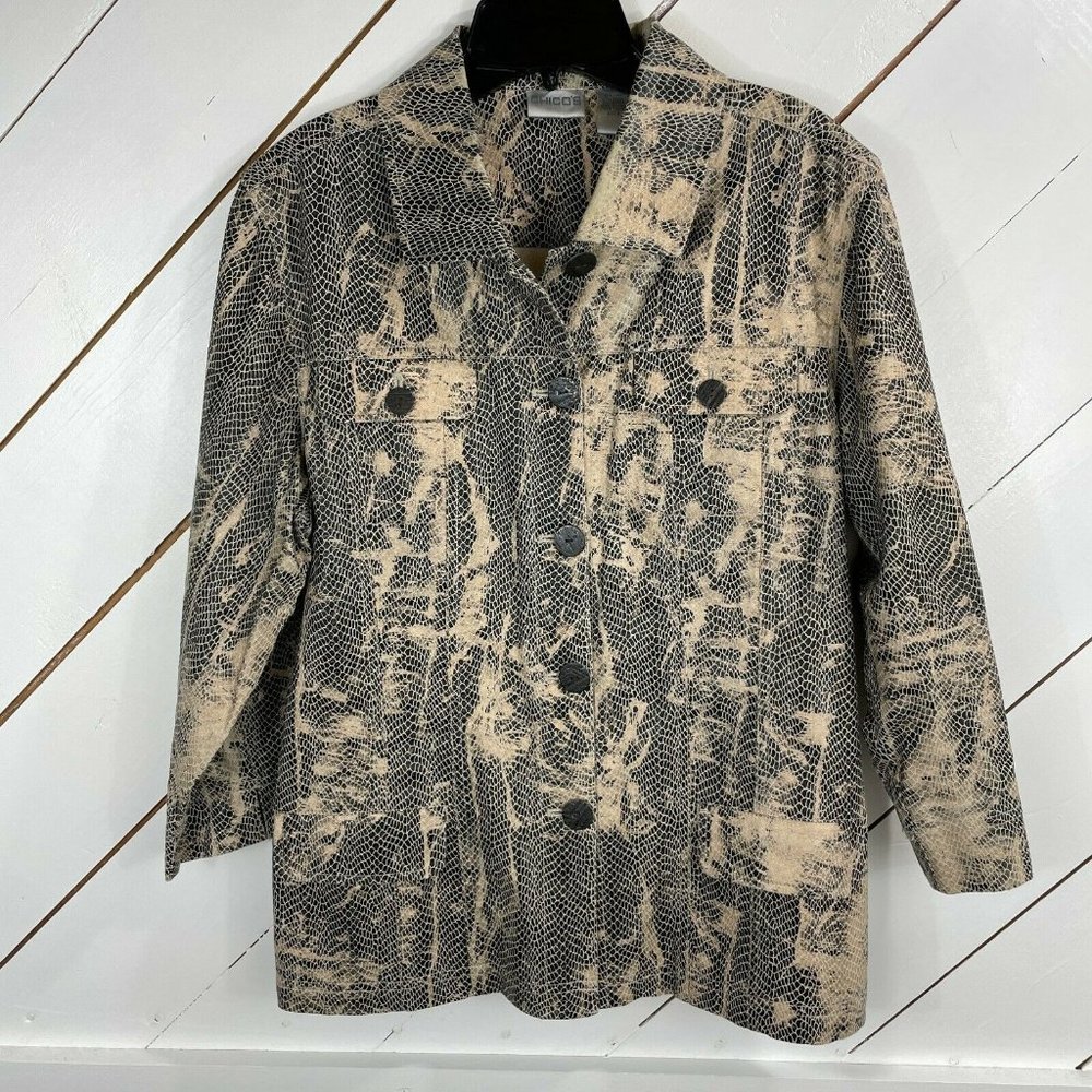 Chico’s Womens Black Tan Snake Print Button Front Jacket Sz 2 US Sz 12 - Medium